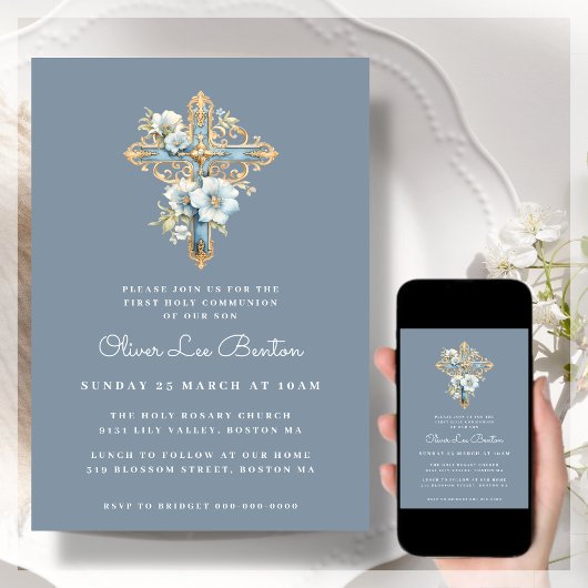 青フローラ十字 | First Holy Communion 招待状