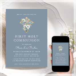 青フローラ十字 | First Holy Communion 招待状