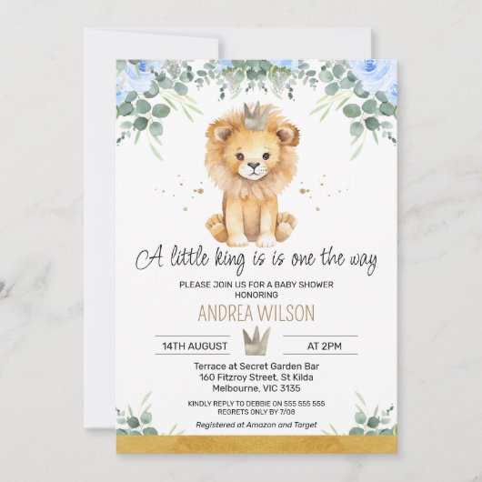 青フローラ小さなキングライオンベビーシャワー 招待状 (正面)