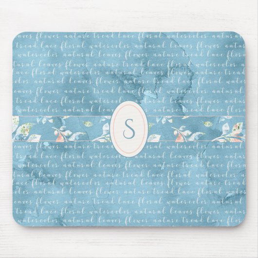 青フローラ水彩モノグラム素朴マウスパッド マウスパッド (正面)