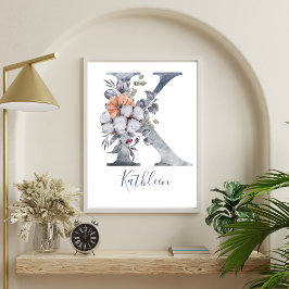 青フローラ水彩モノグラムK名 ポスター