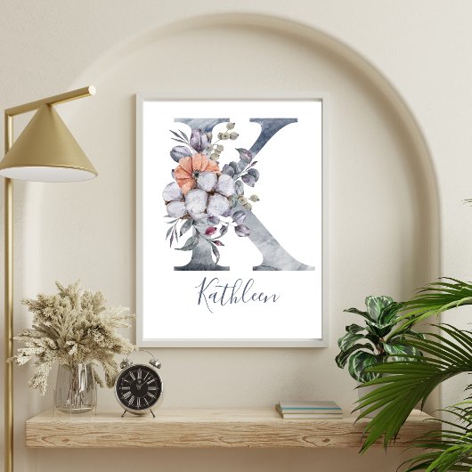 青フローラ水彩モノグラムK名 ポスター