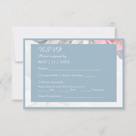 青フローラ水彩野花結婚牡丹 出欠カード (正面)