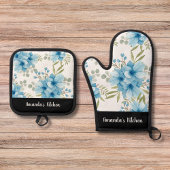 青フローラ水色の緑のスクリプトのパーソナライズ 鍋つかみ&鍋敷きセット