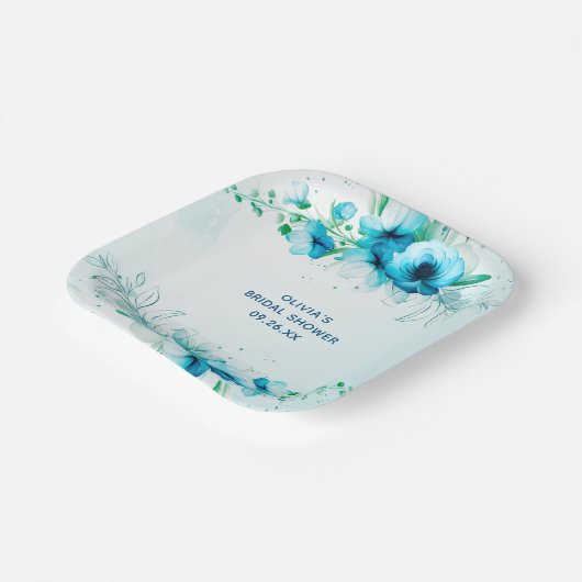 青フローラ水色パーソナライズされたブライダルシャワー ペーパープレート (傾斜あり)