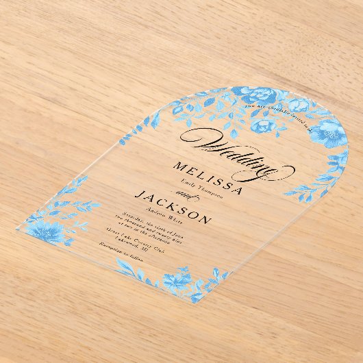 青フローラ縁ど結婚式招待状 アクリル招待状 (レイダウン)