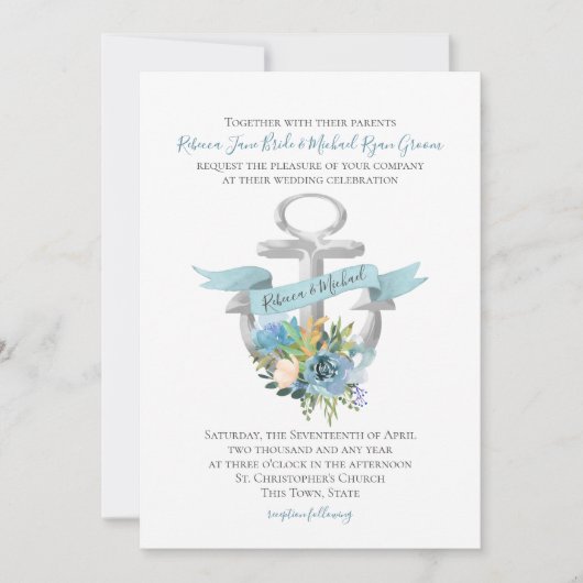 青フローラ航海のいかり水結婚色 招待状 (正面)