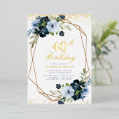 青フローラ40歳の誕生日パーティー金ゴールド 箔招待状 (立ち正面)