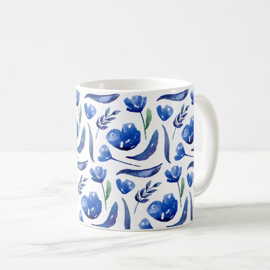 青フローラ。ネイビー花。植物学フェミニン コーヒーマグカップ (正面右)