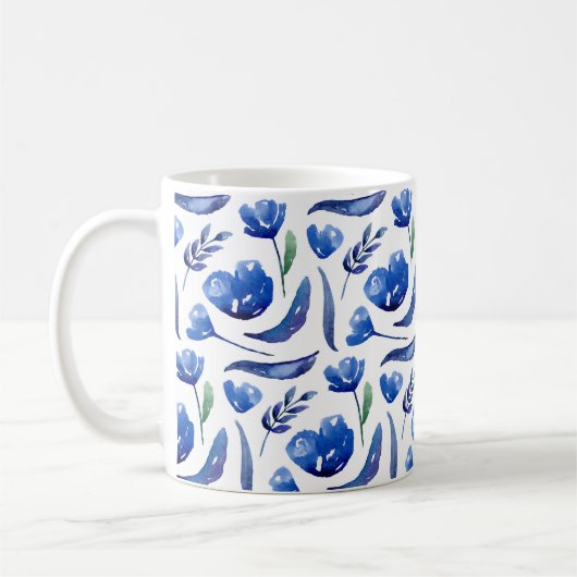 青フローラ。ネイビー花。植物学フェミニン コーヒーマグカップ (左)