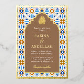 青ベージュの幾何学的なイスラム教・ムスリムの結婚式 ゴールド 箔招待状 (正面)