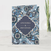 青ペイズリーパターンQRコードインディアン結婚 招待状 (正面)