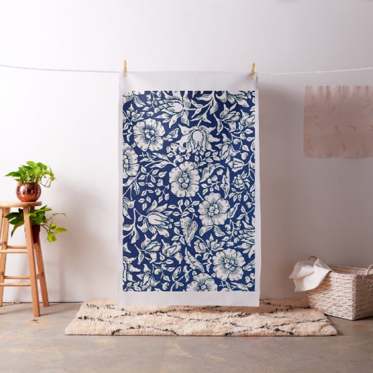 青マロー、青、白の花柄 ファブリック (インサイチュ)