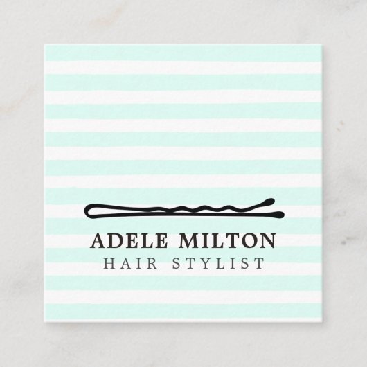 青ミニマルクール白ストライプボビーピンヘア スクエア名刺 (正面)