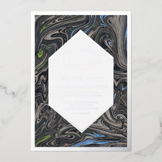 青ミニマル灰色の波の抽象芸術結婚ズシルバー 箔招待状 (正面)