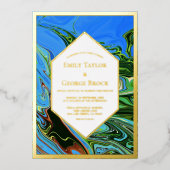 青ミニマル緑抽象芸術絵画の結婚金ゴールド 箔招待状 (正面)