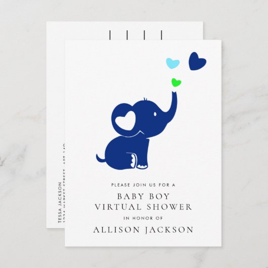 青ミニマル象男の赤ちゃんバーチャルシャワー インビテーションポストカード (正面/裏面)