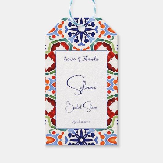 青メキシコのカラフルタイルブライダルシャワーの好意 ギフトタグ (正面)