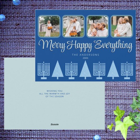 青メリー異教徒(ユダヤ教)メノラーツリーかわいい4写真 シーズンカード