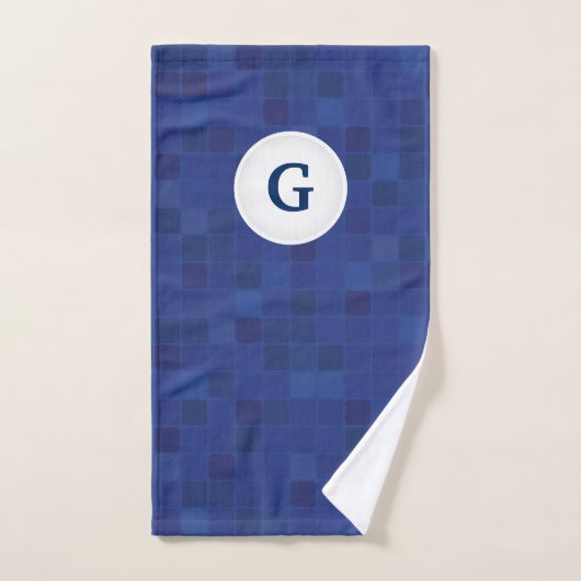 青モザイク画素パターンパーソナライズされたモノグラム ハンドタオル (ハンドタオル)