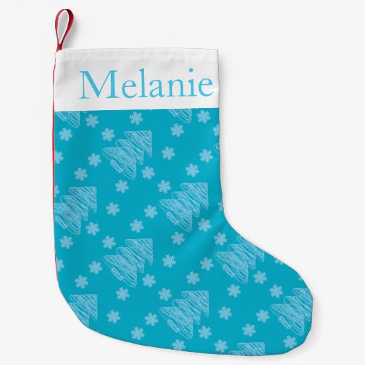 青モダンいクリスマスツリーのパタパーソナライズされたーン スモールクリスマスストッキング (正面)
