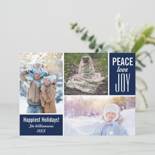 青モダンいクリスマス平和ラブジョイフォトコラージュ シーズンカード (スタンド正面)