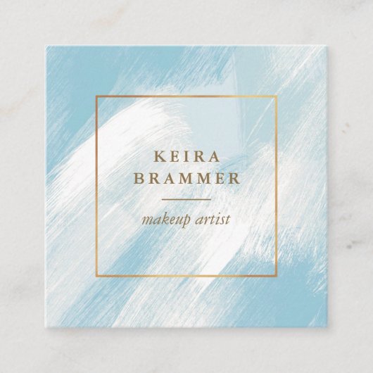 青モダンいブラシストローク金ゴールドフレーム正方形 スクエア名刺 (正面)