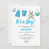 青モダンいランドリー男の子のシャワー 招待状 (正面)