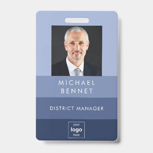 青モダンい会社の写真ID バッジ (正面)