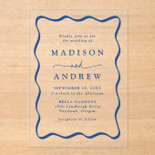 青モダンい波状のフレ結婚ーム アクリル招待状 (正面)