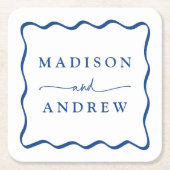 青モダンい波状のフレ結婚ーム スクエアペーパーコースター (正面)