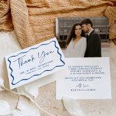 青モダンい波状フレームの結婚写真 サンキューカード