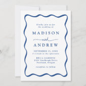 青モダンい波状フレームの結婚写真 招待状 (正面)