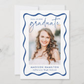 青モダンい波状フレーム2写真卒業 案内状 (正面)