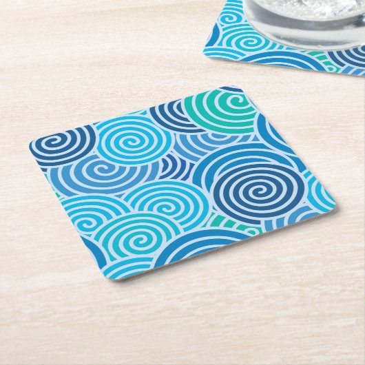 青モダンい緩和曲線パターン スクエアペーパーコースター (アングル)