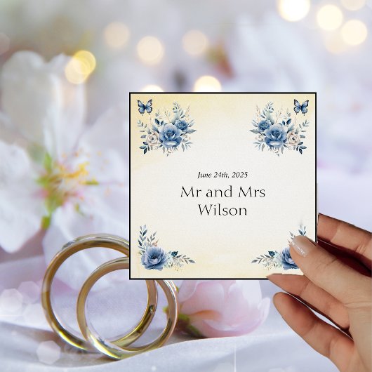 青モダンい花と蝶のディナ結婚ーナー スタンダードカクテルナプキン