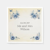 青モダンい花と蝶のディナ結婚ーナー スタンダードカクテルナプキン (正面)