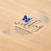 青モダンい蝶のスクリプミニマルト結婚の アクリル招待状 (レイダウン)