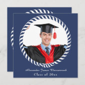 青モダンい1枚の写真卒業発表カード 案内状 (正面/裏面)