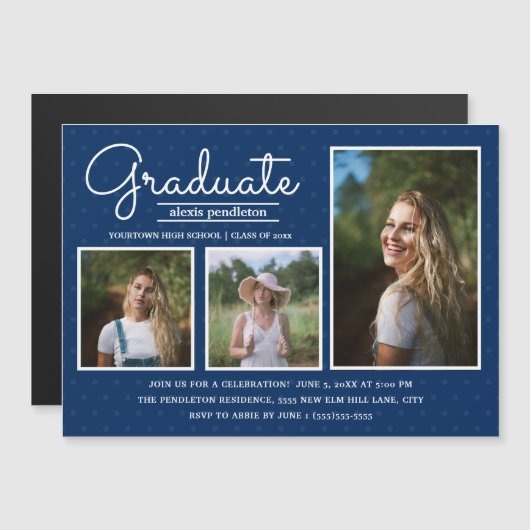 青モダンい3写真卒業パーティー発表 マグネット招待状 (正面/裏面)