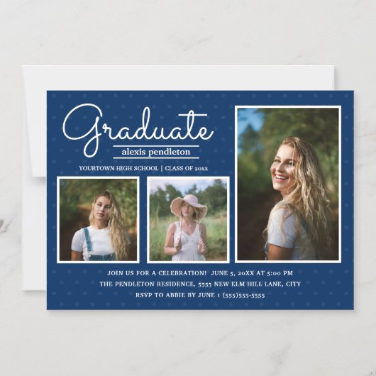 青モダンい3写真卒業パーティー発表 マグネット招待状 (正面)