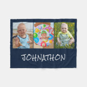 青モダンい3枚の写真のコラージュ名 フリースブランケット (正面(横))