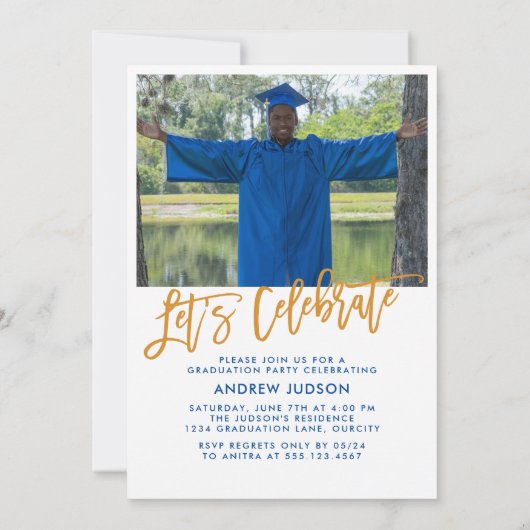 青モダンい3枚の写真クラス25卒業パーティー 招待状 (裏面)