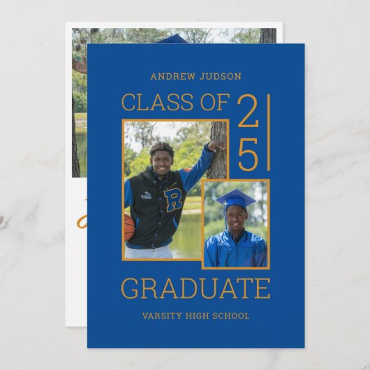 青モダンい3枚の写真クラス25卒業パーティー 招待状 (正面/裏面)