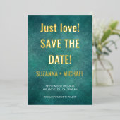 青モダンい、唯一の愛、日付のフォイルを侵略を保存 箔招待状 (立ち正面)