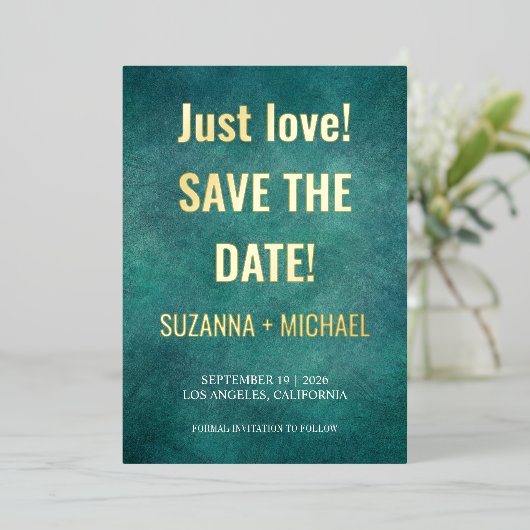 青モダンい、唯一の愛、日付のフォイルを侵略を保存 箔招待状 (立ち正面)