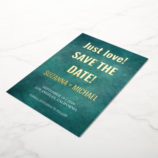 青モダンい、唯一の愛、日付のフォイルを侵略を保存 箔招待状 (回転した状態)