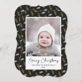 青モダンおもしろいスクリプト金ゴールドパインコーンクリスマス シーズンカード (正面/裏面)