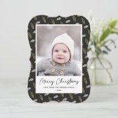 青モダンおもしろいスクリプト金ゴールドパインコーンクリスマス シーズンカード (スタンド正面)