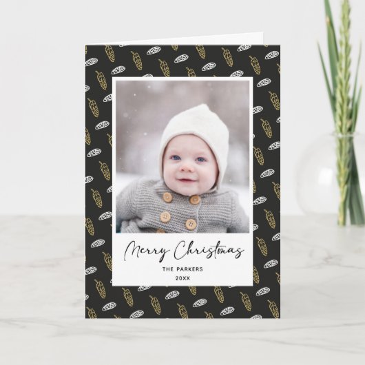 青モダンおもしろいスクリプト金ゴールドパインコーンクリスマス シーズンカード (正面)